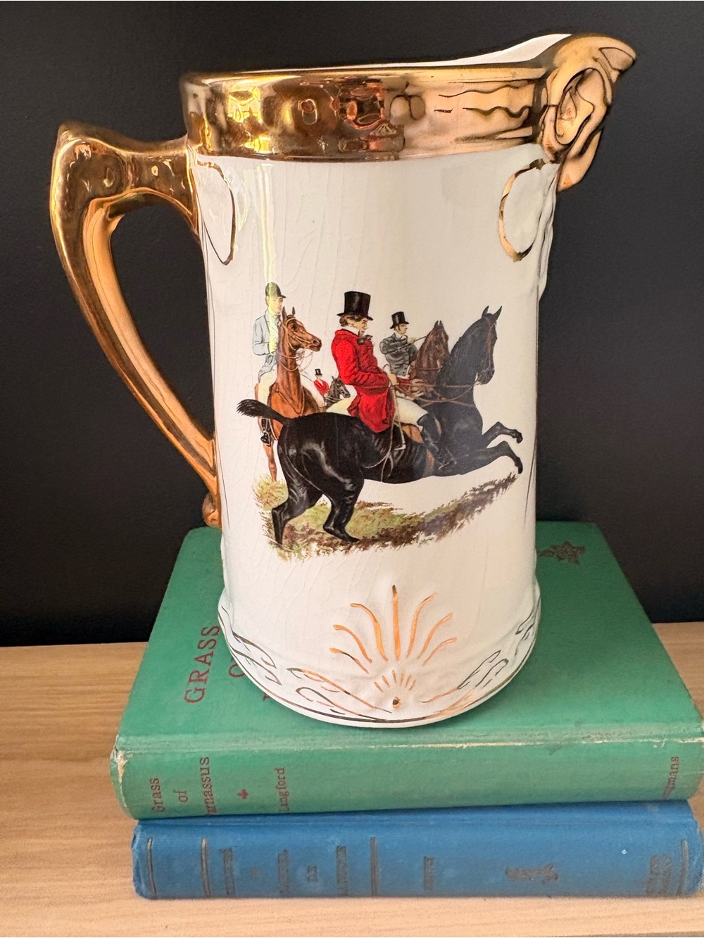 Vintage Equestrian Ceramic Pitcher - White and Gold